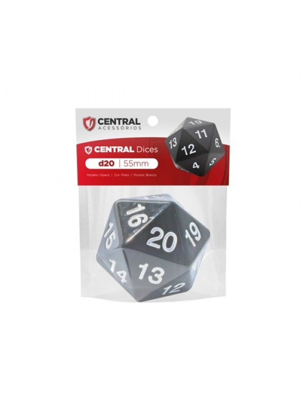 DADO D20 PRETO COM BRANCO - 55MM