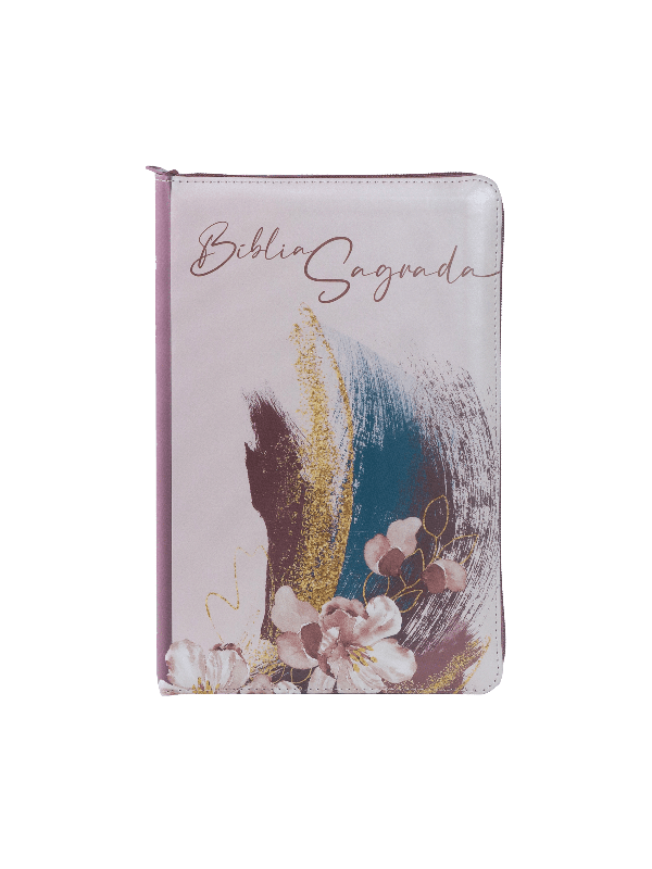 Bíblia NVI com zíper: capa em couro soft rosa com acabamento em glitter, letras de Jesus em vermelho