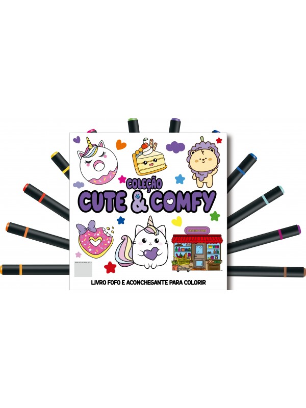 Cute & Comfy Coloring Book for Adults - Fofo e Aconchegante - Livro de Colorir Adulto + 12 Canetas