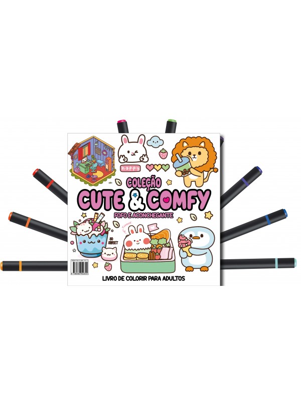 Cute & Comfy Coloring Book for Adults - Fofo e Aconchegante - Livro de Colorir Adulto + 12 Canetas