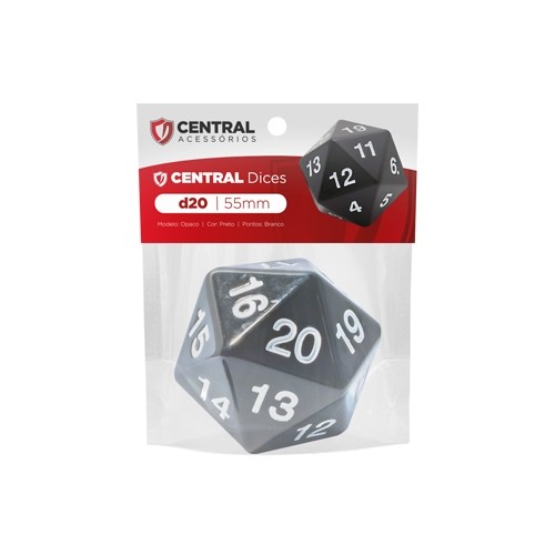 DADO D20 PRETO COM BRANCO - 55MM