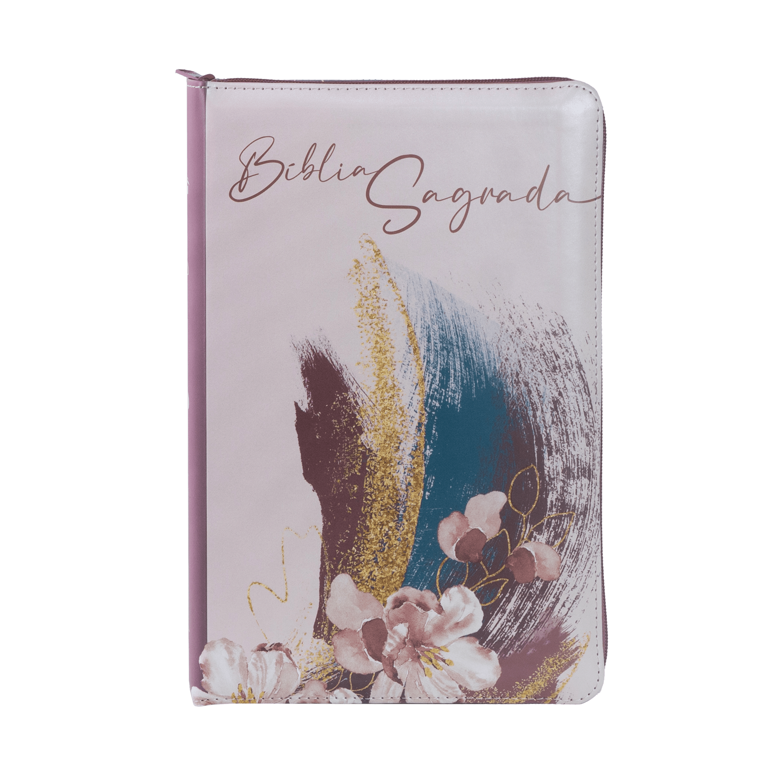 Bíblia NVI com zíper: capa em couro soft rosa com acabamento em glitter, letras de Jesus em vermelho