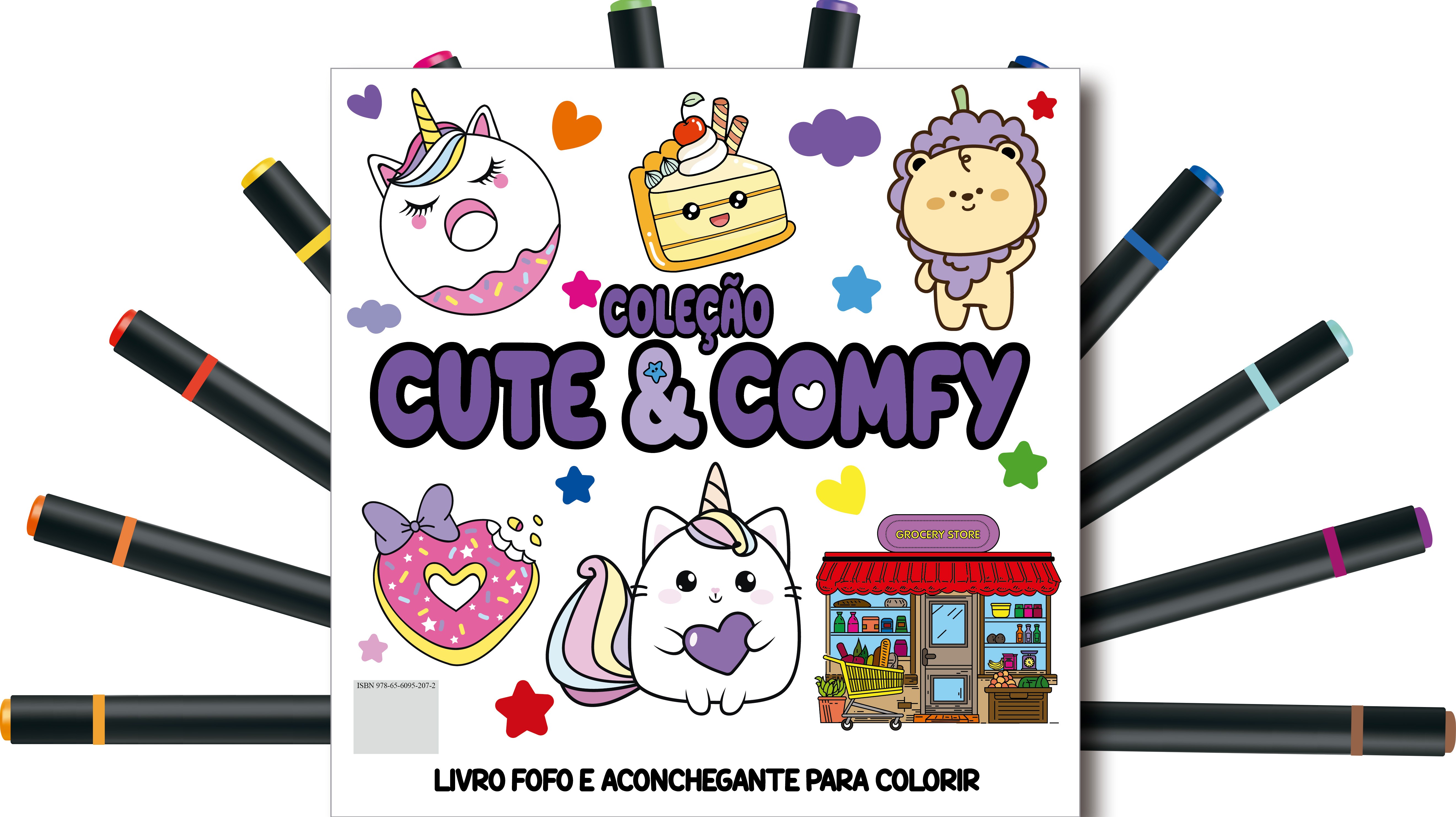 Cute & Comfy Coloring Book for Adults - Fofo e Aconchegante - Livro de Colorir Adulto + 12 Canetas