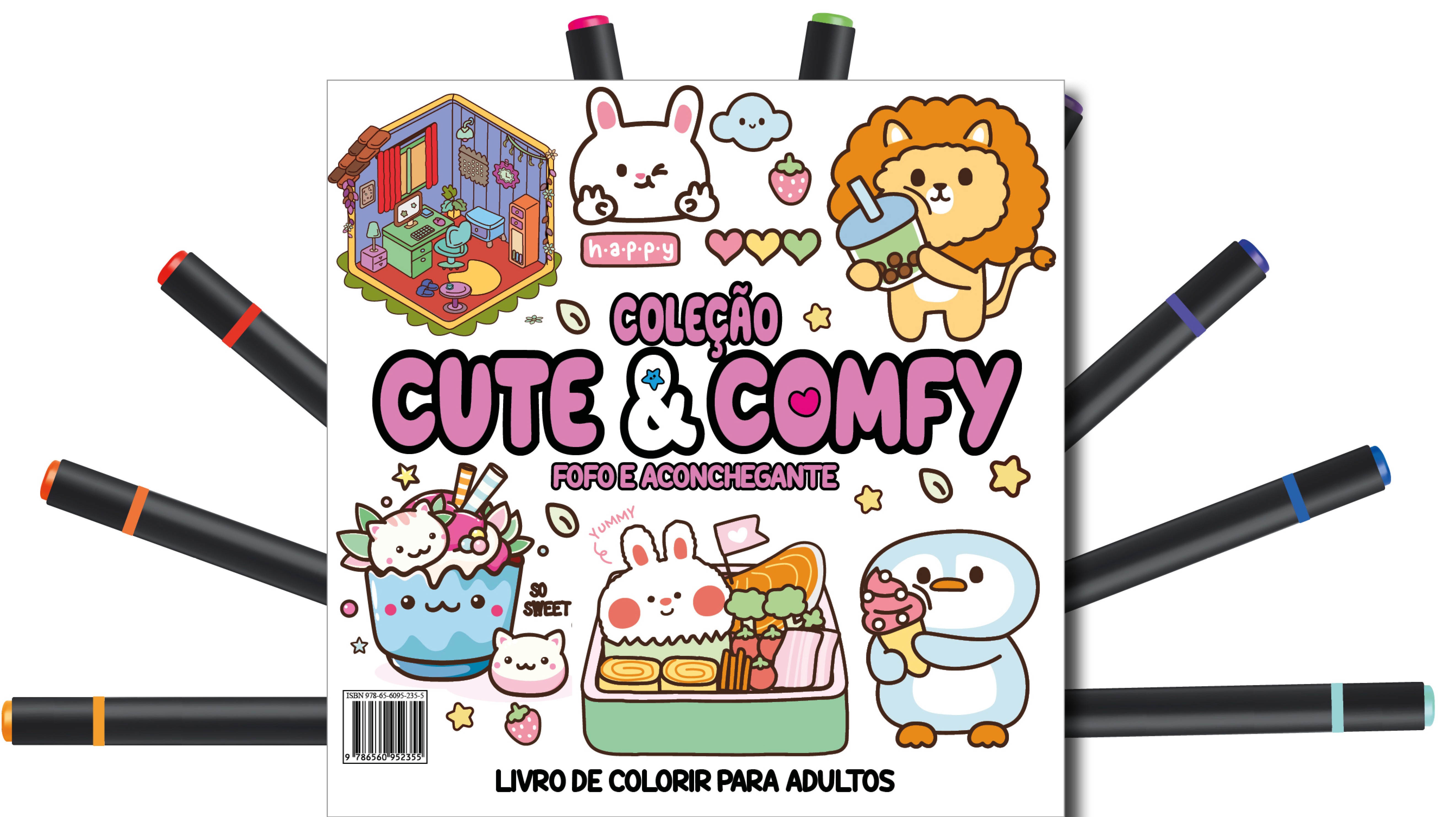 Cute & Comfy Coloring Book for Adults - Fofo e Aconchegante - Livro de Colorir Adulto + 12 Canetas